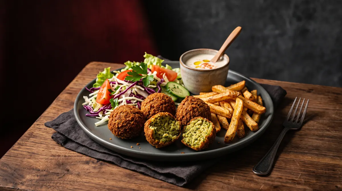 Falafelteller mit Salat, Pommes und Sauce (Serviervorschlag)