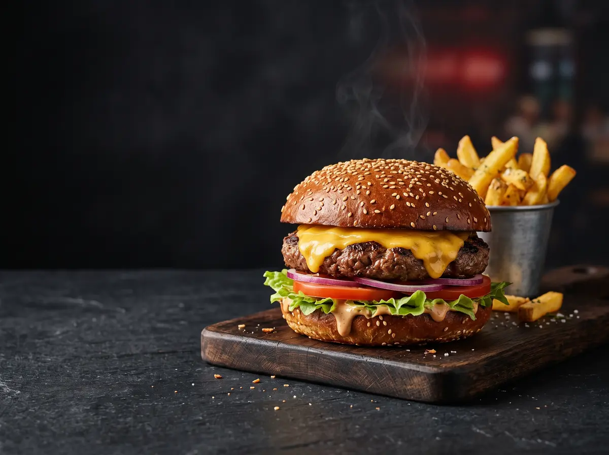 Cheeseburger mit Rindfleisch-Patty, Käse, Salat, Tomate und Zwiebeln, dazu Pommes