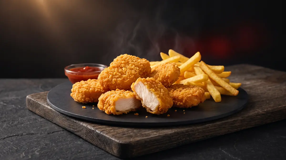 Knusprige Chicken-Nuggets, eines aufgebrochen, mit Pommes und Dip