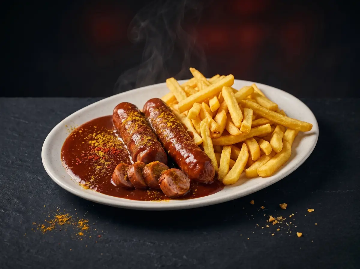 Currywurst mit Currysauce und Currypulver, dazu Pommes