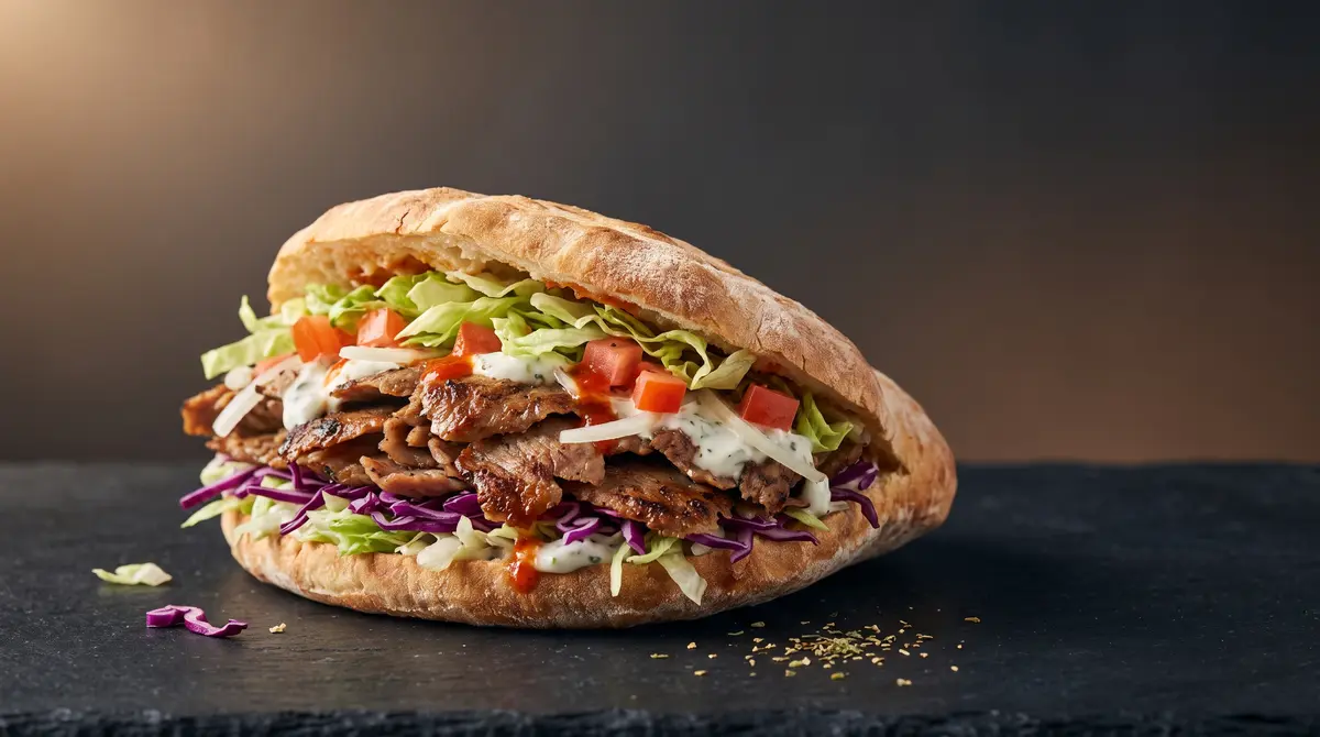 Döner im hausgemachten Fladenbrot mit Salat, Tomate, Zwiebeln und Sauce