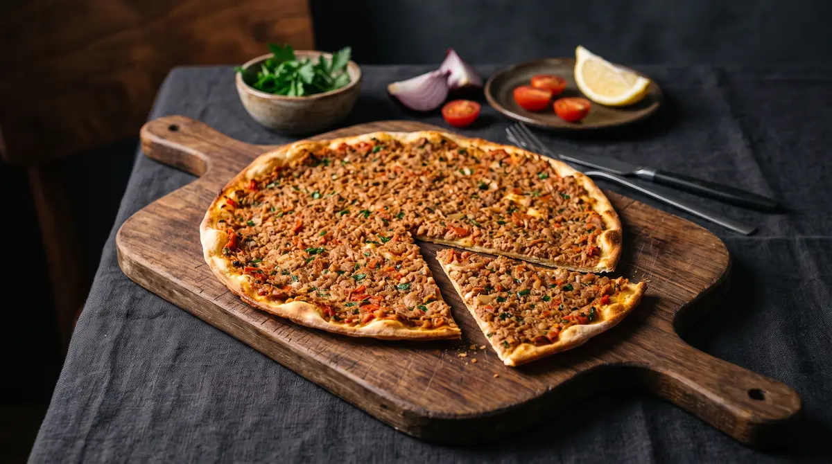 Türkische Pizza (Lahmacun) auf dem Holzbrett, ein Stück angeschnitten