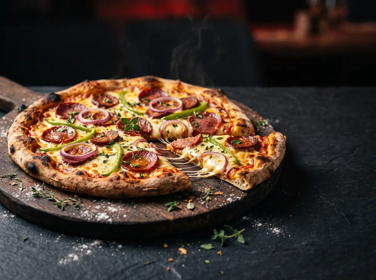 Pizza mit Salami, Sucuk, Zwiebeln und Paprika, frisch aus dem Ofen