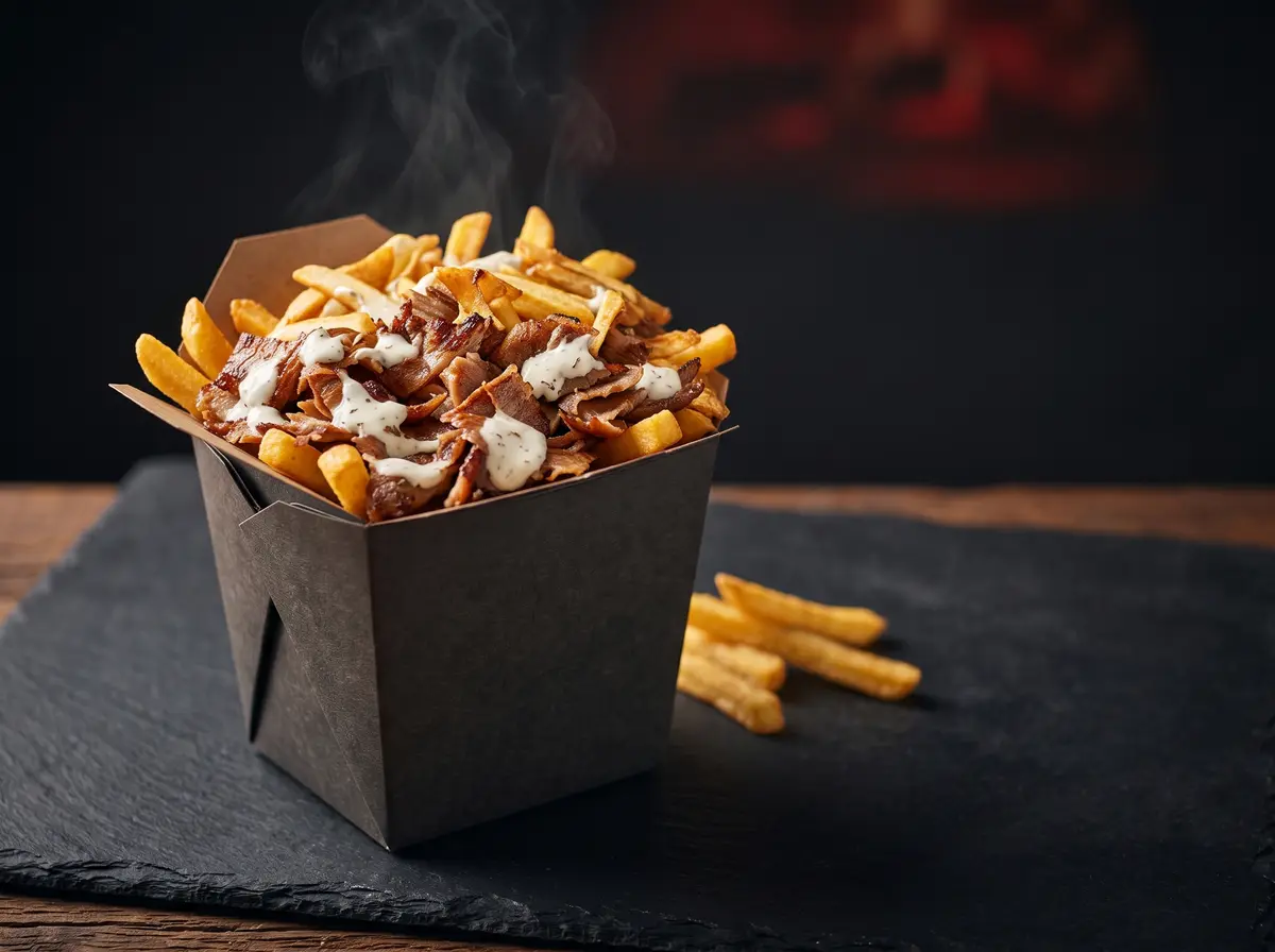 Pomm-Döner: Pommes mit Dönerfleisch und weißer Sauce in der Box