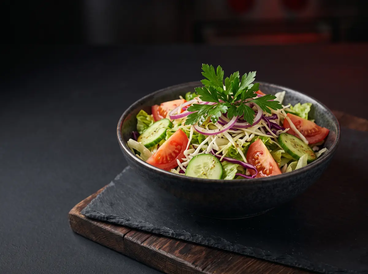 Gemischter Salat mit Tomate, Gurke, Kraut, Zwiebeln und Petersilie in dunkler Schale