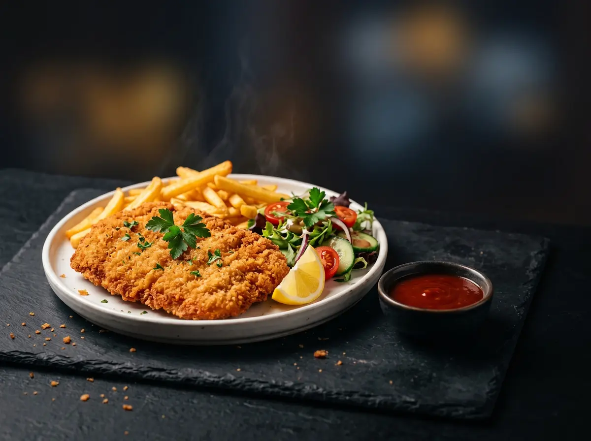 Paniertes Schnitzel mit Pommes, kleinem Salat und Zitrone